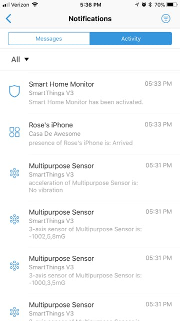 SmartThings app History Tab SmartThings app History Tab