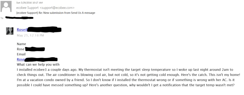 Emailing ecobee support Emailing ecobee support