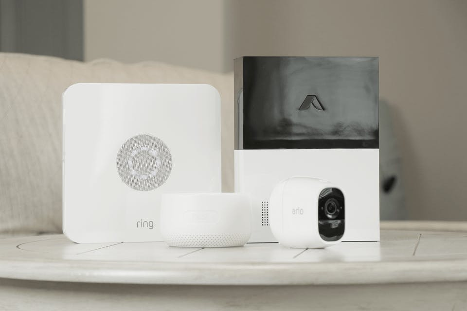 Ring Base Station, abode Gateway, Arlo Pro2 camera, and Nest Guard. Ring Base Station, abode Gateway, Arlo Pro2 camera, and Nest Guard.