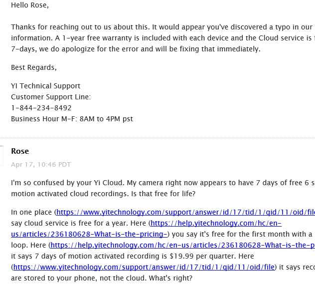Email from Yi Technical Support about Cloud Service. Email from Yi Technical Support about Cloud Service.