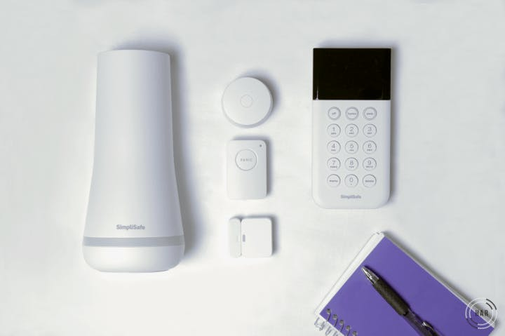 Simplisafe Base Station, motion sensor, entry sensor, panic button and water sensor. Simplisafe Base Station, motion sensor, entry sensor, panic button and water sensor.